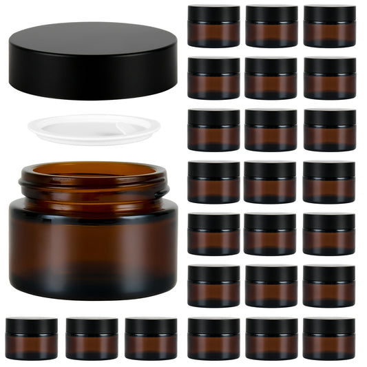 YONKAN 2 oz Reusable Amber Glass Container Jars 24 Pack with Wide-mouth Leak Proof Cap and Inner Pull-On Lid for Travel Storage Makeup, Face Creams, Body Lotions, DIY Crafts or Others