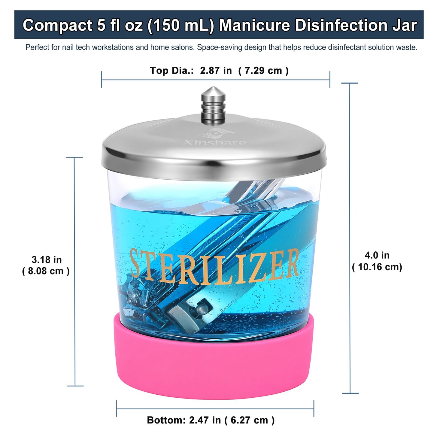 Xinshare Nail Tool Disinfectant Jar, 6Oz Glass Durable Manicure Pedicure Implements Sterilizer Container,Salon Storage & Organizer for Nail Art Tools Beauty Centers Equipment Cleaning,Hot Pink