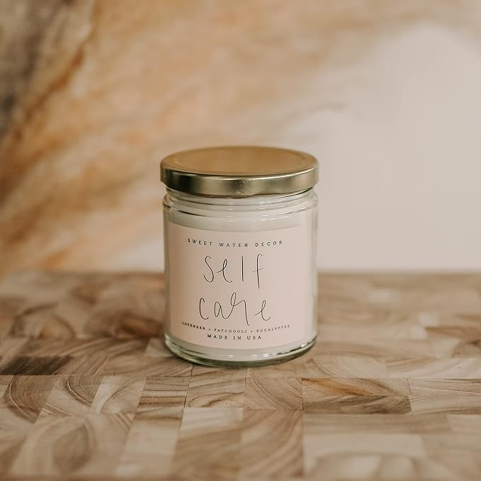 Sweet Water Decor Self Care Soy Candle - Patchouli Eucalyptus & Lavender Candles for Home - 100% Cotton Wick & Spa Scented Soy Wax Candles with 40 Hour Burn Time - 9oz Clear Jar - Made in The USA