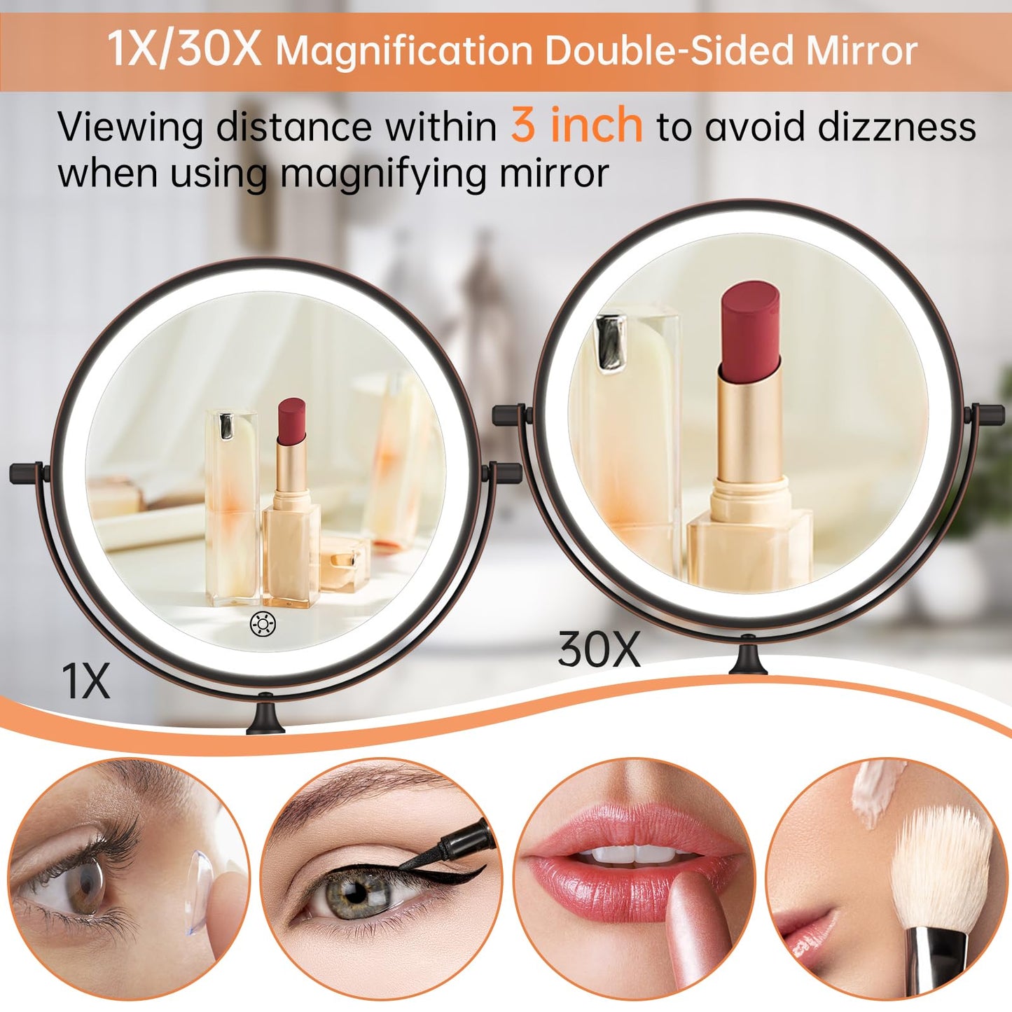 5000mAh Rechargeable Wall Mounted Lighted Makeup Vanity Mirror Double Sided 1X 30X Magnifying Bathroom Mirror, 3 Color Lighting, Touch Dimming, Extended Arm 360 Rotation Light up Mirror Antique Bronze
