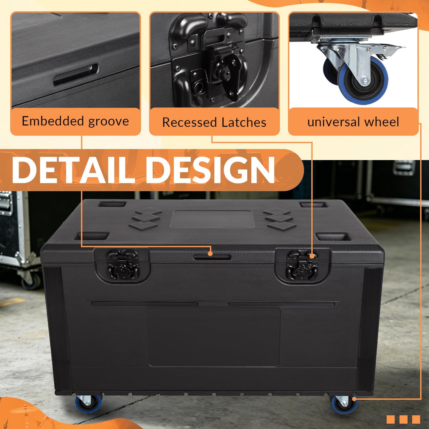 Muscab Heavy Duty Road Case with Wheels, 44.5"x22.05"x20.08" Stackable Rolling Case Utility Cable Trunk Storage, ATA Rolling Storage Equipment Case for Pro Audio (Requires Assembly)