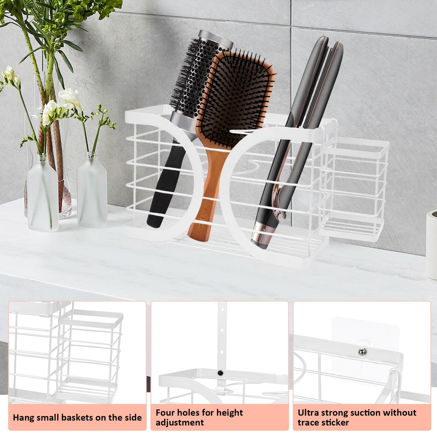 ziroland Elegant White Wall Mounted Hair Dryer Holder - Stylish Bathroom Organiser for Hair Dryer & Straightener, Hair Brush & Accessories