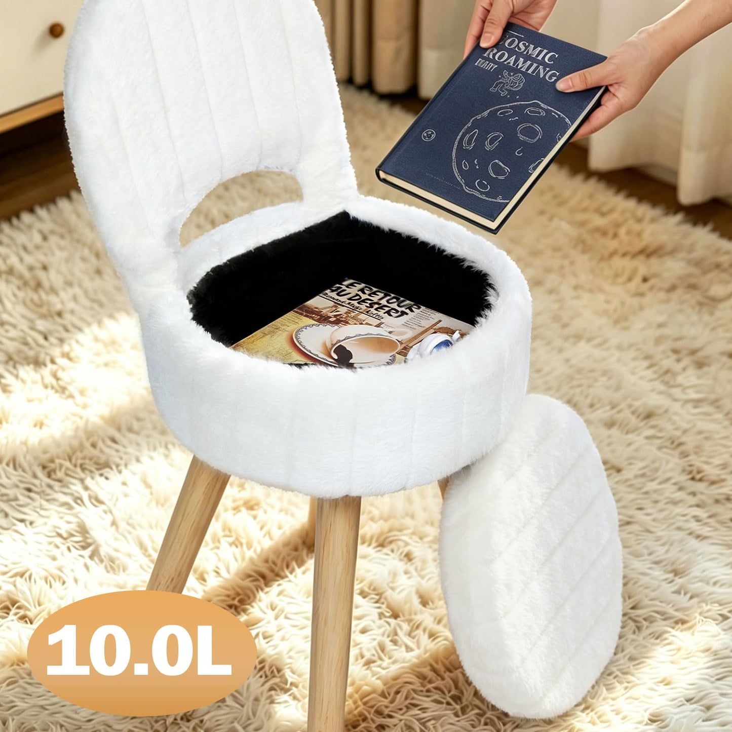 KANEODOT Vanity Stool with Storage & Folding Back,11.8“ D x 12.9” W x 27.9" H Round Faux Fur Cute Vanity Chair with 4 Solid Wood Legs,Comfy Small Makeup Ottoman for Living Room,Bedroom,Closet,White