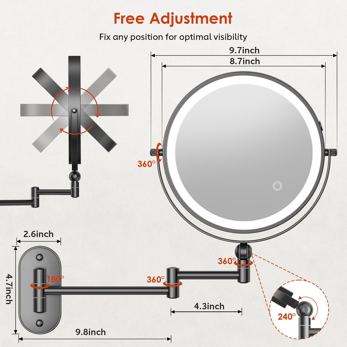 ZLOKLA 9" Wall Mounted Lighted Makeup Mirror,4000mAh Rechargeable Double Sided 1X/30X Magnifying Mirror with Light,Touch Dimmable,Extended Arm 360 Rotation Wall Mounted Makeup Mirror 3 Color Lights