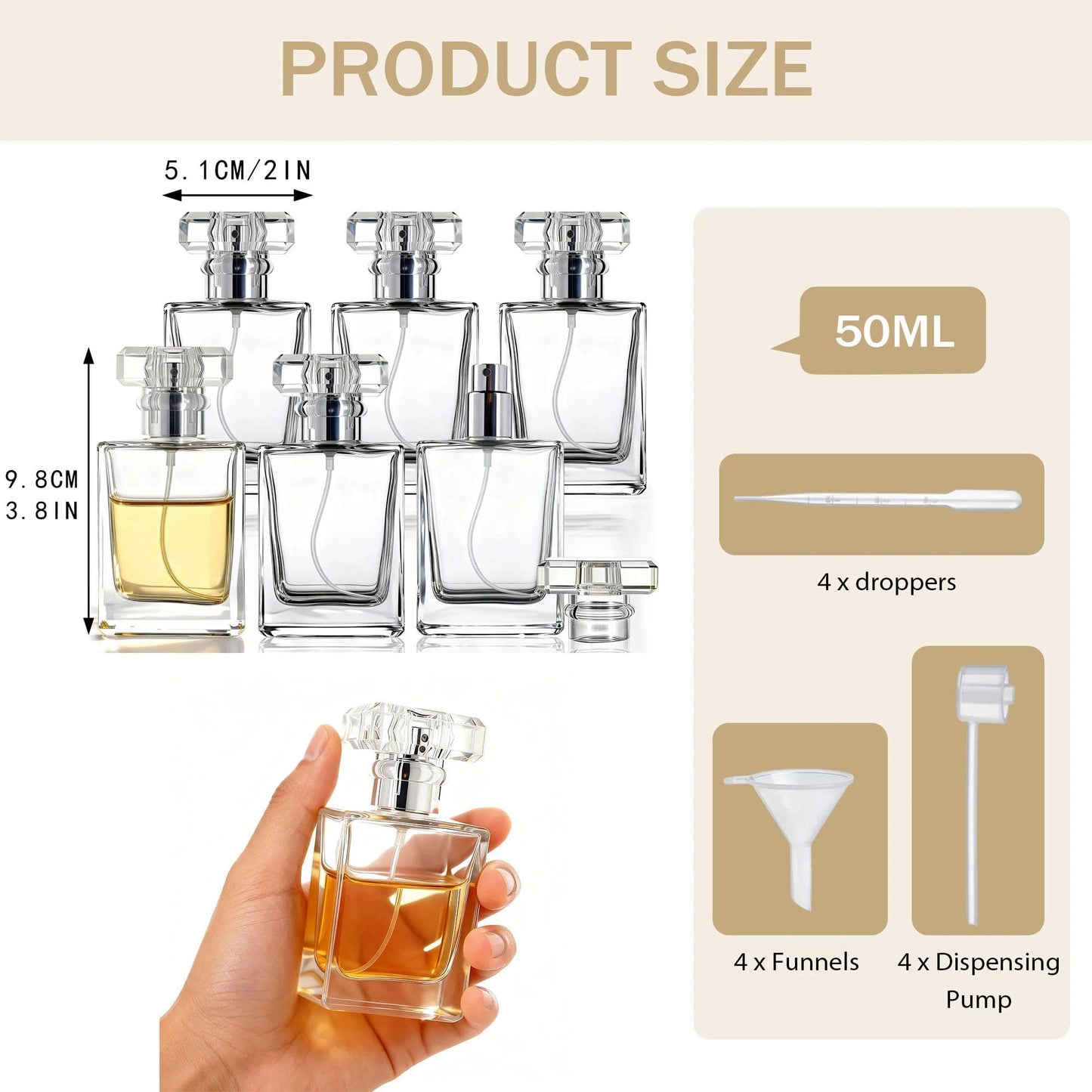 YU FENG Glass Perfume Spray Bottle Set, Refillable Fine Mist Atomizer for Fragrance, Daily Use & Organization – Square Glass, Silver Cap, 50ML, 6 Pack