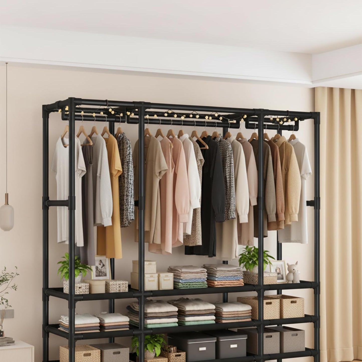 WEALTHYHEART Portable Closet for Hanging Clothes,Japanese Style Wardrobe Closet,Clothes Rack with 3 Drawers,1 Hanging Rods and 2 Storage Shelves,43.3" L x 17.7" W x 65.1" H,Black