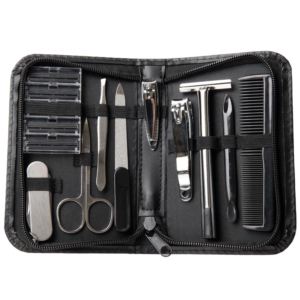 Trim Men Men's Essential Grooming Kit, Travel Set, Nail Clippers Fingernails & Toenails, Hair Styling Comb, Face Razor, Beard Trimming Scissors, On The Go Carrying Case, 14 Piece Set