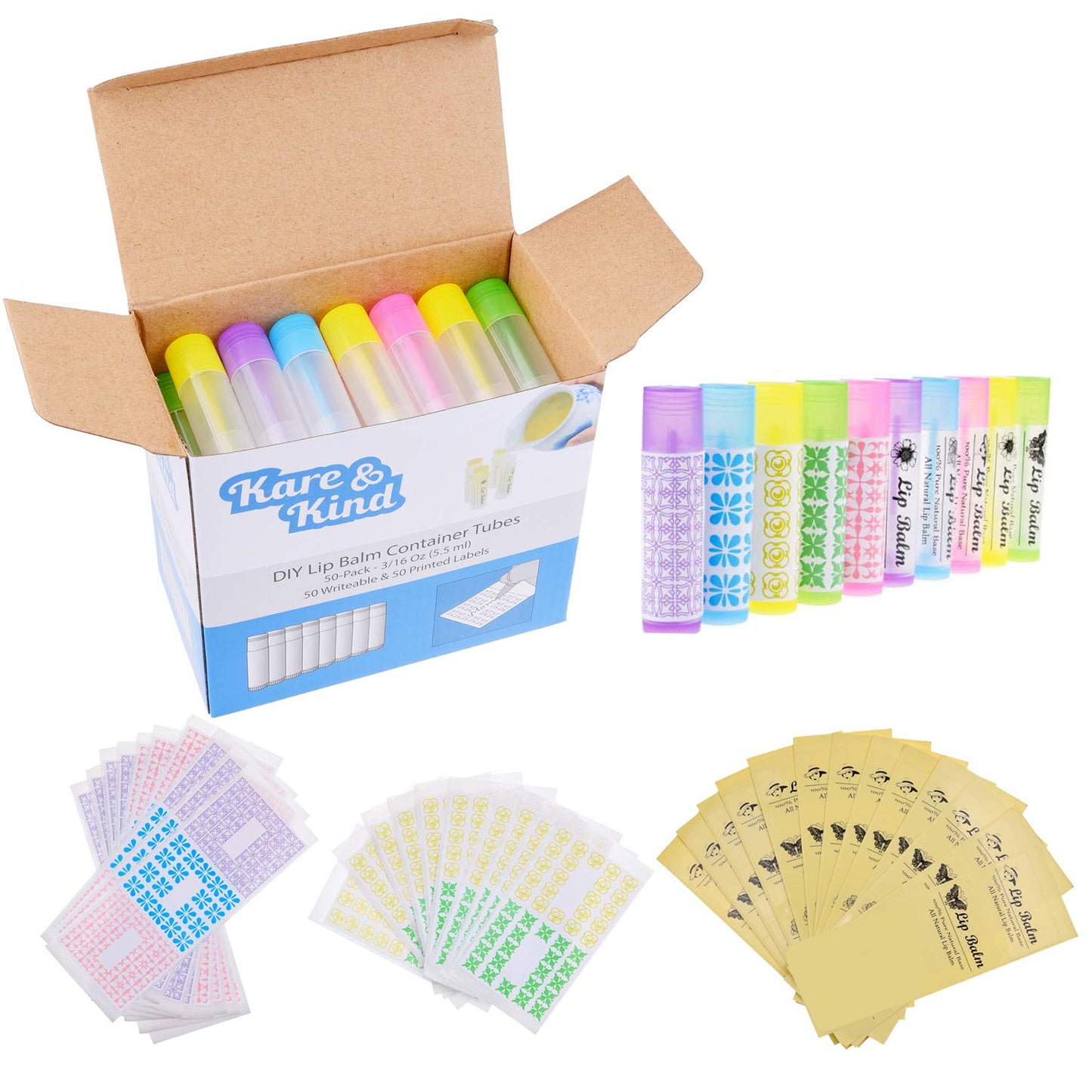 Kare & Kind DIY Lip Balm Container Tubes - 50-Pack (10x5 Colors) - Including 50 Writeable & Printed Lip Balm Stickers - Twist Mechanism and a Cap - 3/16 Oz (5.5 ml) - Moisturizing