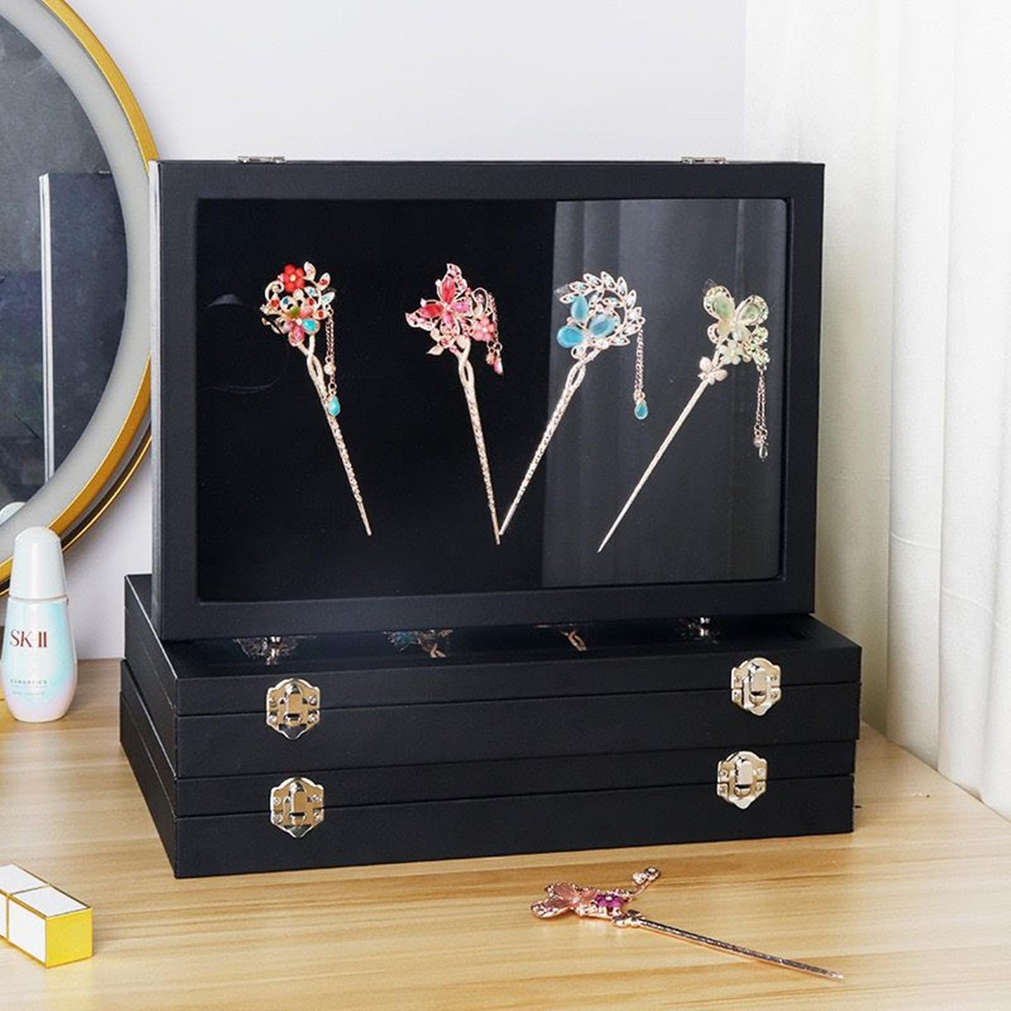 TANG SONG 13.8'' x 9.45'' Brooch Storage Box Lapel Pin Display Case Jewelry Organizer Showcase (Black)