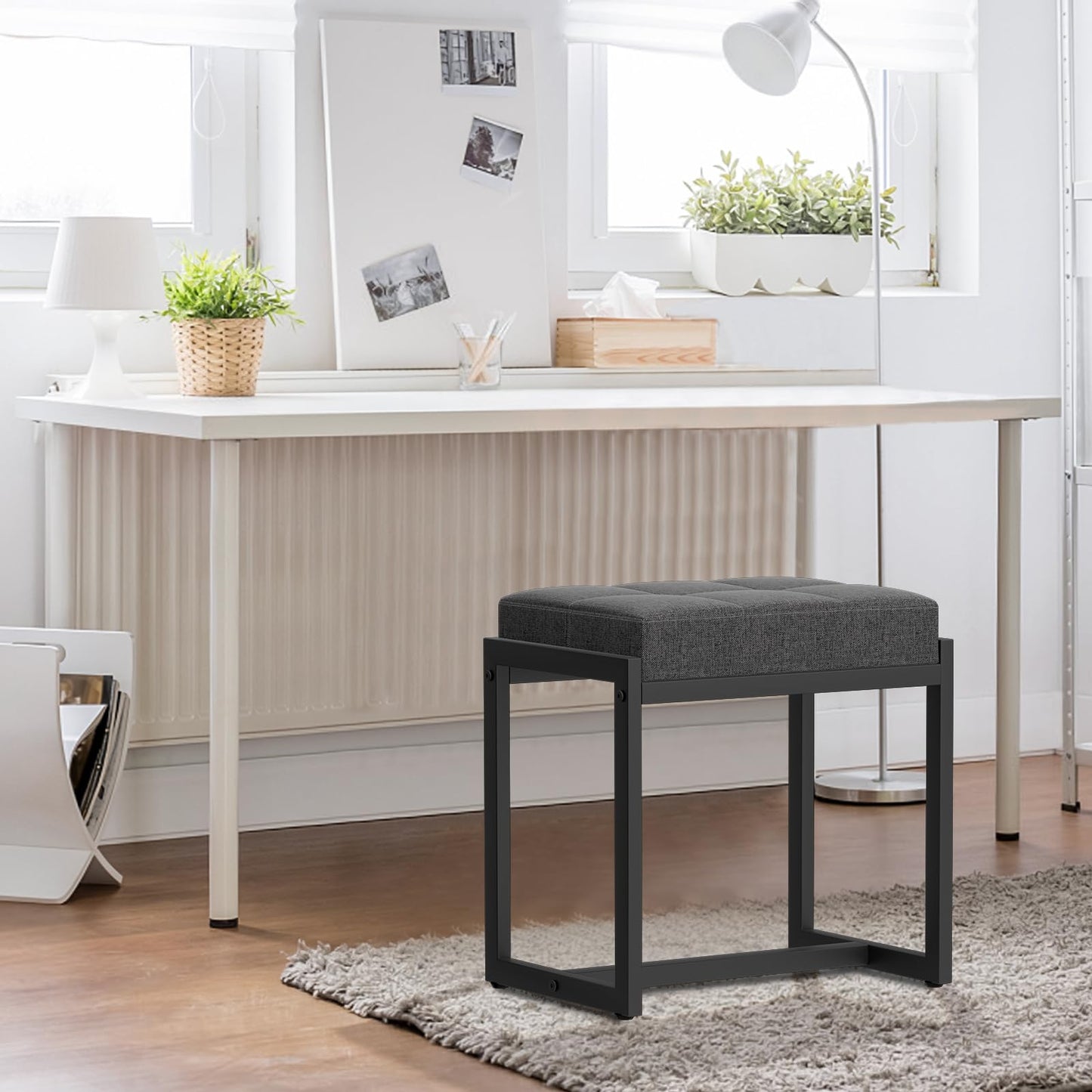 FLYZC Vanity Stool, Vanity Chair Stools for Makeup Room, Square Linen Makeup Stool for Vanity, Modern Padded Vanity Bench Small Ottoman Foot Rest Stool for Bedroom Living Room, Dark Grey & Black