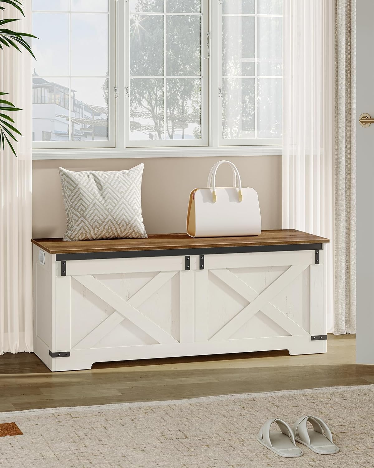 Hzuaneri 47.2" Storage Chest, Large Storage Trunk with 2 Hinges, Farmhouse Wooden Box Bench, Lift-Top Organizer Chest, Entryway Trunk for Bedroom, Living Room, White and Brown SB12114X