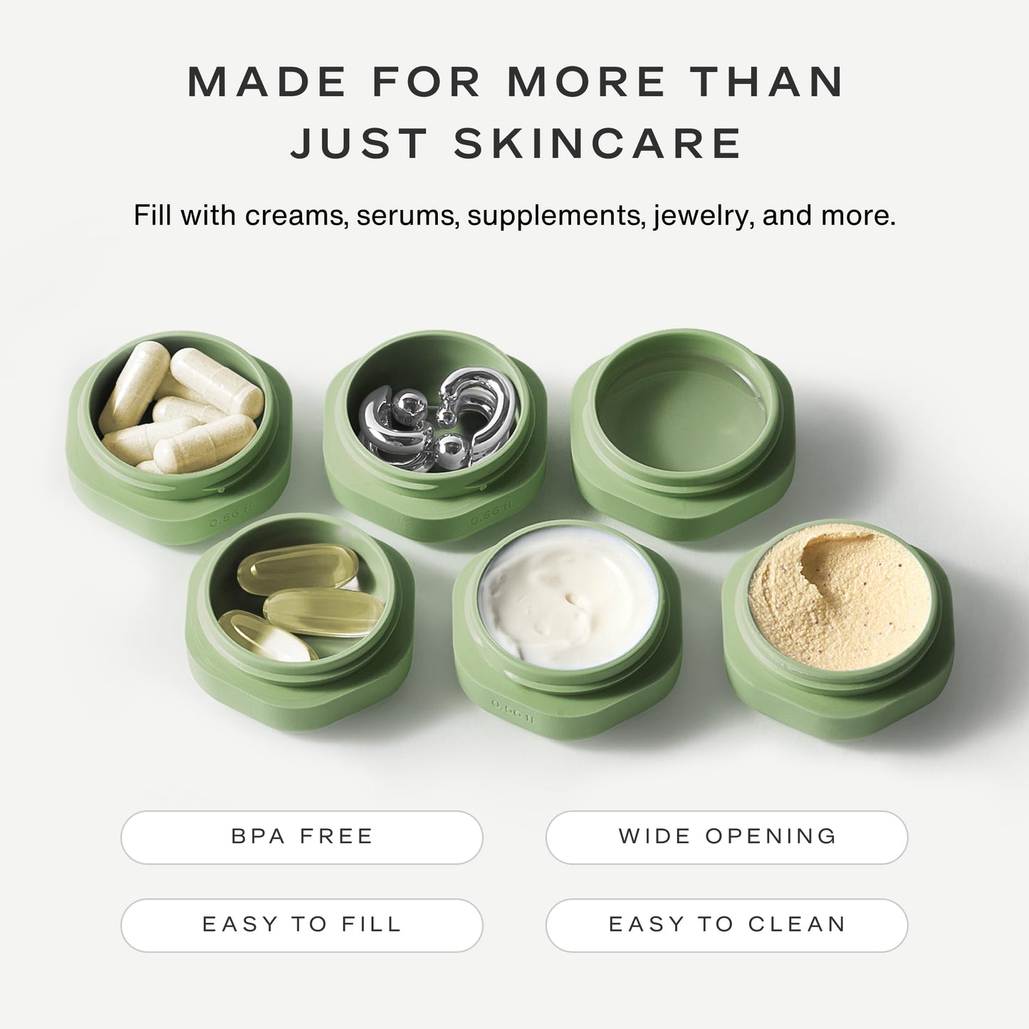 Cadence Capsules - Basic Skincare Set, Evergreen - Three Small Containers with Magnetic Lids - 100% Leak Proof & TSA Approved for Travel and Carry On, Minimalist & Stackable (0.56 oz Each)