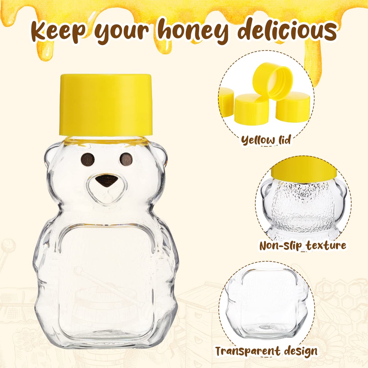 Patelai 48 Pcs 2 oz Plastic Honey Bear Bottle Clear Empty Honey Containers Bulk Reusable Mini Cup Jars with Lids Juice Bottle for Holidays Baby Shower Gifts(Yellow)
