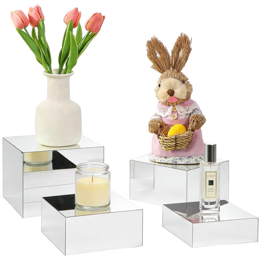 Silver Mirror Acrylic Risers, 4pcs Anti-Scratch Nesting Display Cubes, 6"-8" Wide, 4MM Thick Sturdy Square Boxes for Figures Collectibles Jewelry Buffet Retail Showcase Platform Wedding Decor