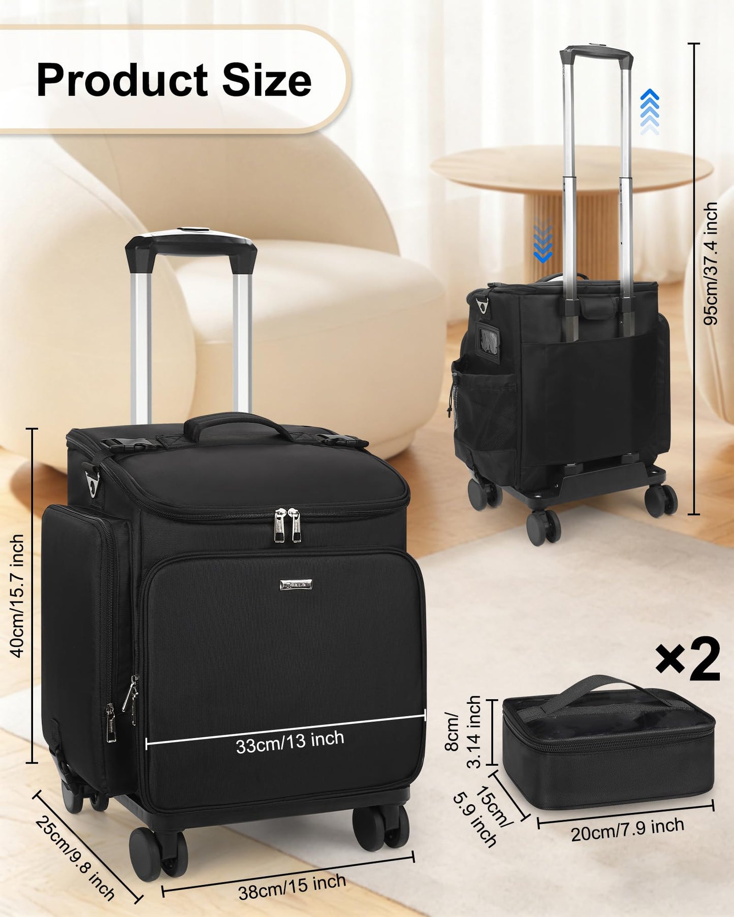 Relavel Rolling Makeup Case, Hair Tools Travel Bag Cosmetology Case on Wheels with 2 Clear Bags, Professional Hairstylist Bag Makeup Artist Storage Train Case Barber Organizer with 360° Spinner Wheels