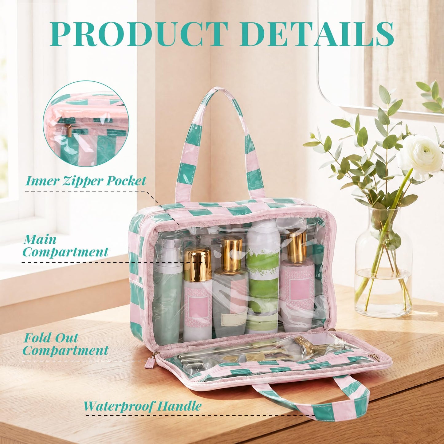 SilTriangle Travel Toiletry Makeup Bag for Women, Striped Waterproof Polyester Cosmetic Bag with Handle, Portable Organizer Case with Fold-out Compartments for Skincare, Conditioner, Brushes(Green)