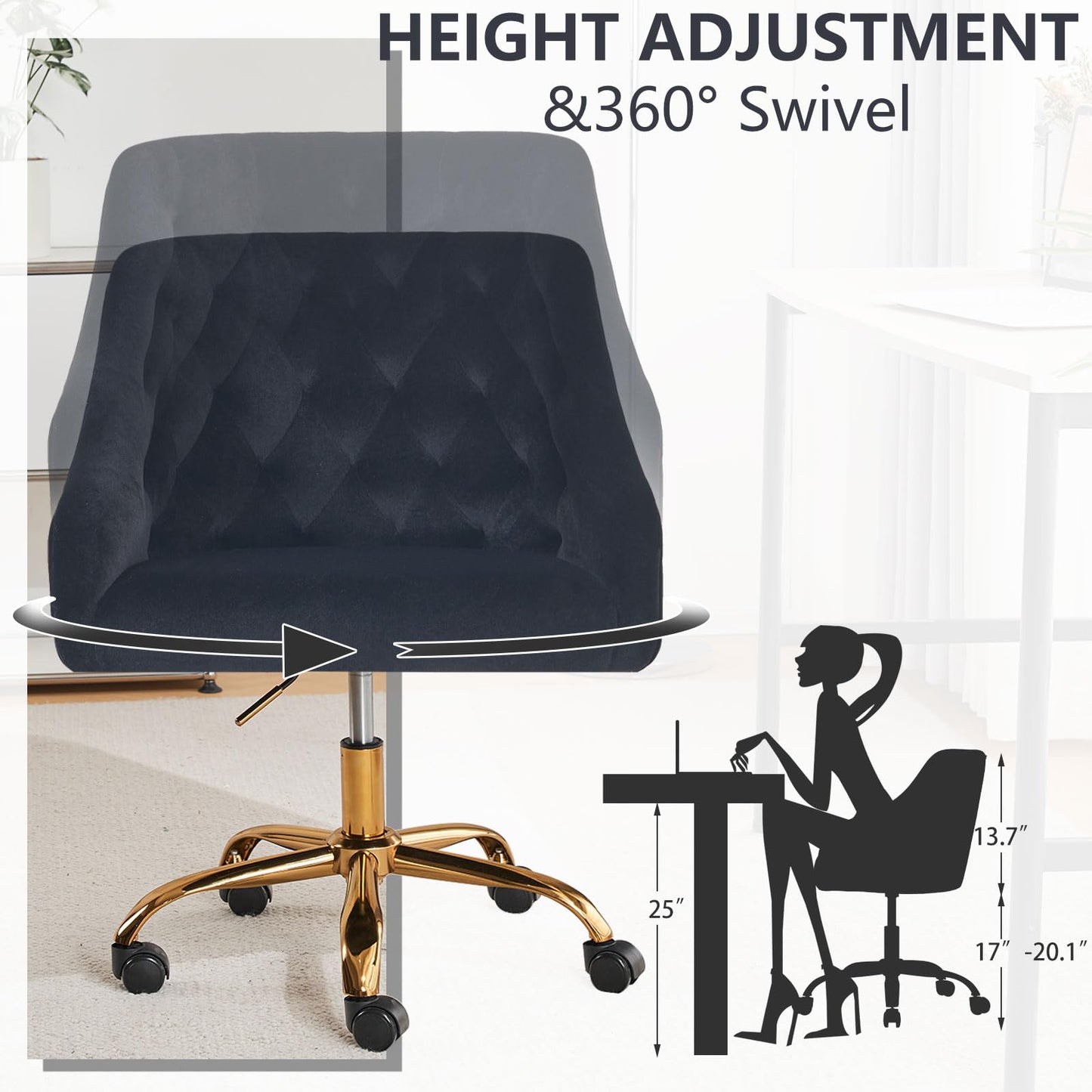 MOJAY Velvet Office Swivel Chair, Vanity Fabric Desk Pretty Fancy Gold Office Chairs for Girls, 360°Swivel Height Adjustable Reception Chair (Black)