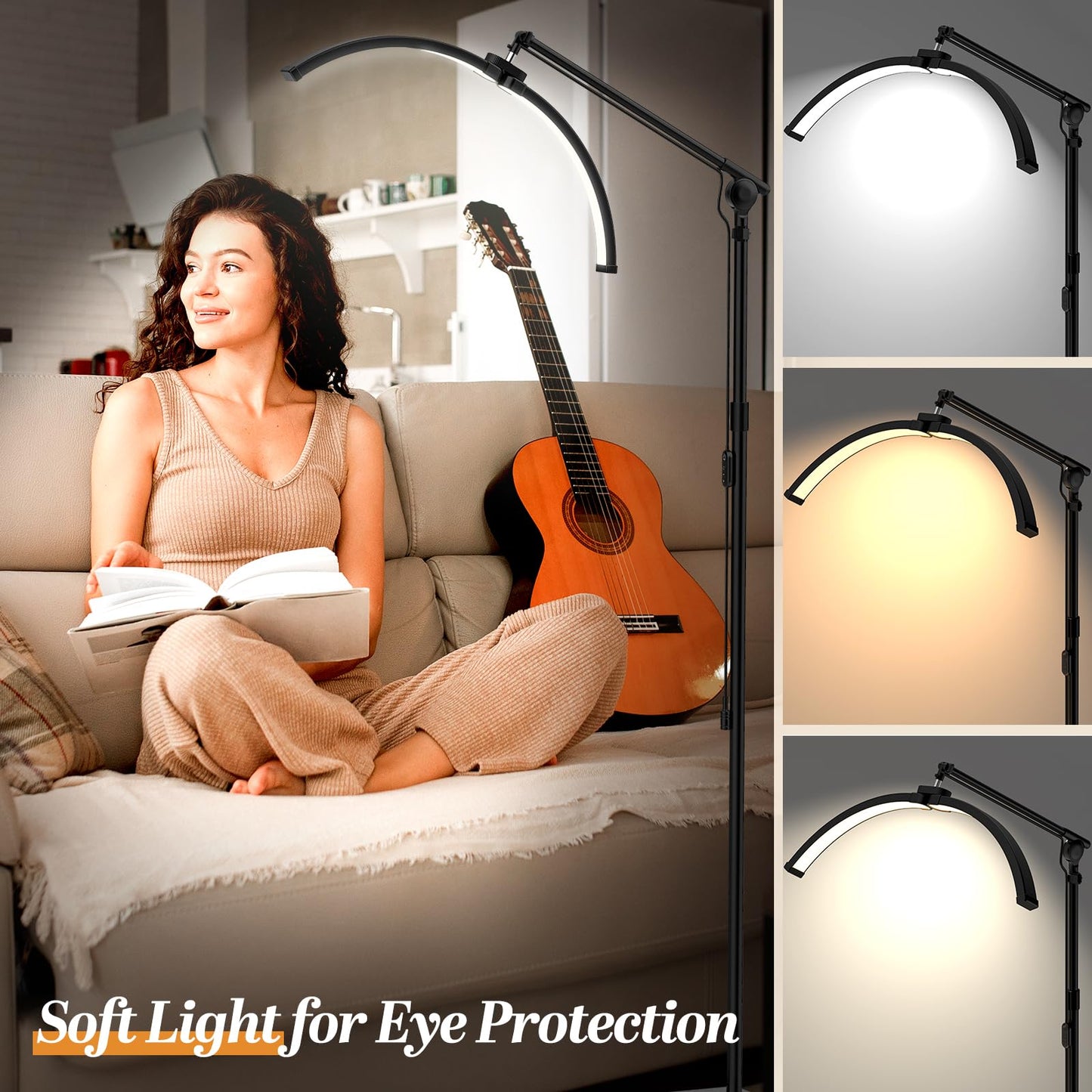 LateRep Half Moon Light, 3-Color Lash Light for Eyelash Tech, Foldable Dimmable Floor Lamp, 308 Led Beads Shadowless Half Moon Lamp with 360° Rotation for Beauty, Tattoo, Reading