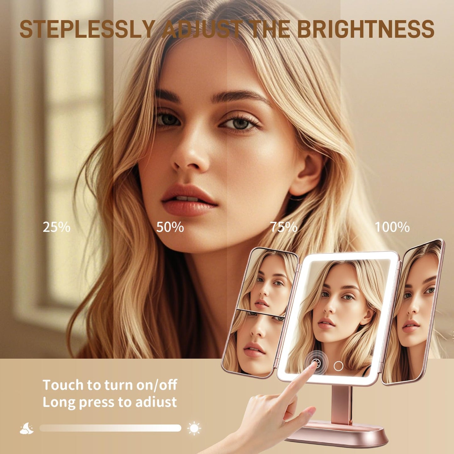 FRANO Lighted Makeup Mirror with 1X/3X/5X Magnification, Elegant Rose Gold Trifold Vanity Mirror, Smart Touch & Sensor, 3 Lighting Modes, Rechargeable Portable Mirror for Gift - Rose Gold