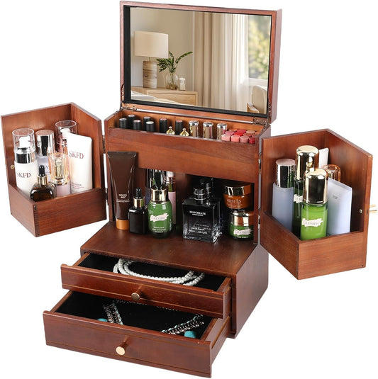 TIRYIUOU Makeup Organizer Countertop with Drawers: Wooden Multifunctional Dresser Top Cosmetics Storage Tabletop Skin Care Organizer Shelf for Desktop, Skincare, Beauty Supplies, Cosmetics Display