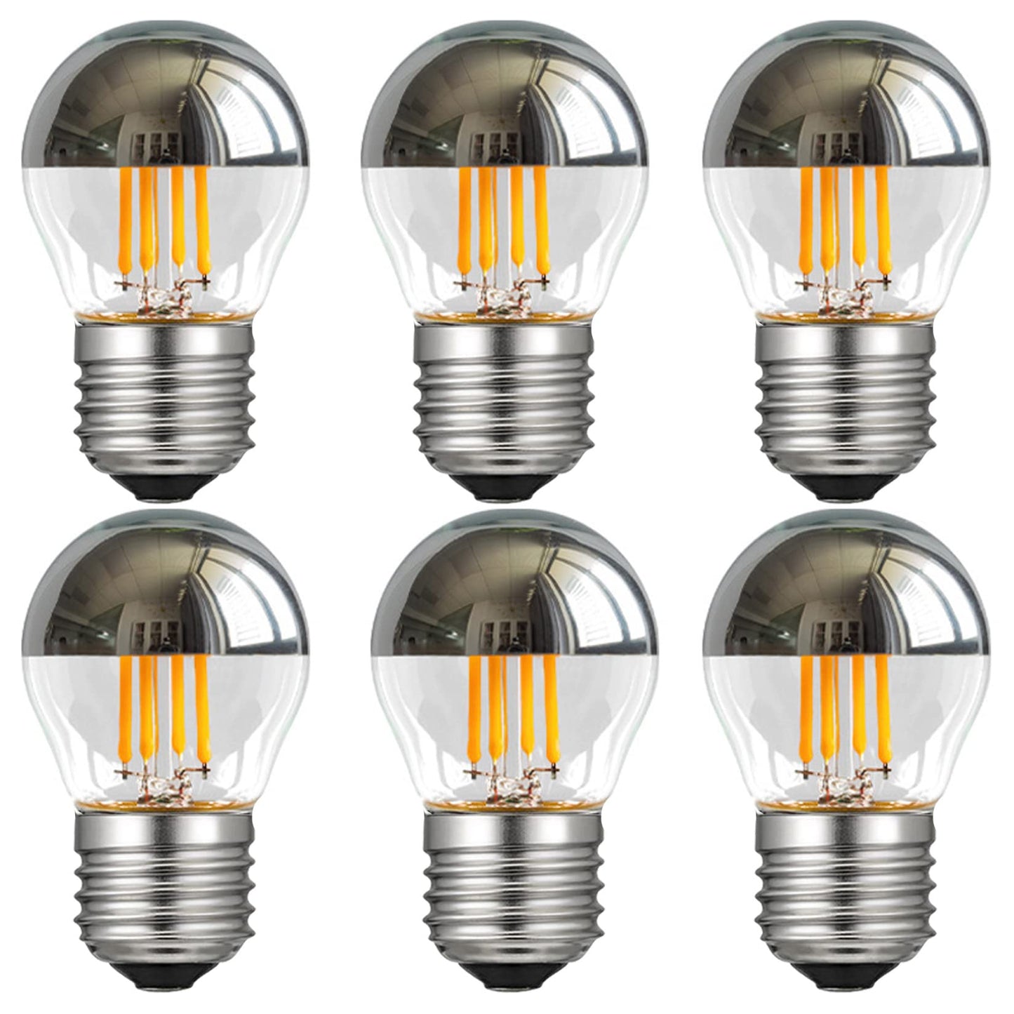 G45 G14 Half Chrome Light Bulb 4W Dimmable G45 Globe Silver Mirror Reflected Light 40W Equivalent Warm White 2700K Silver Tipped Mirror Light Bulb E26 Base Decorative LED Edison Bulb, 6 Pack
