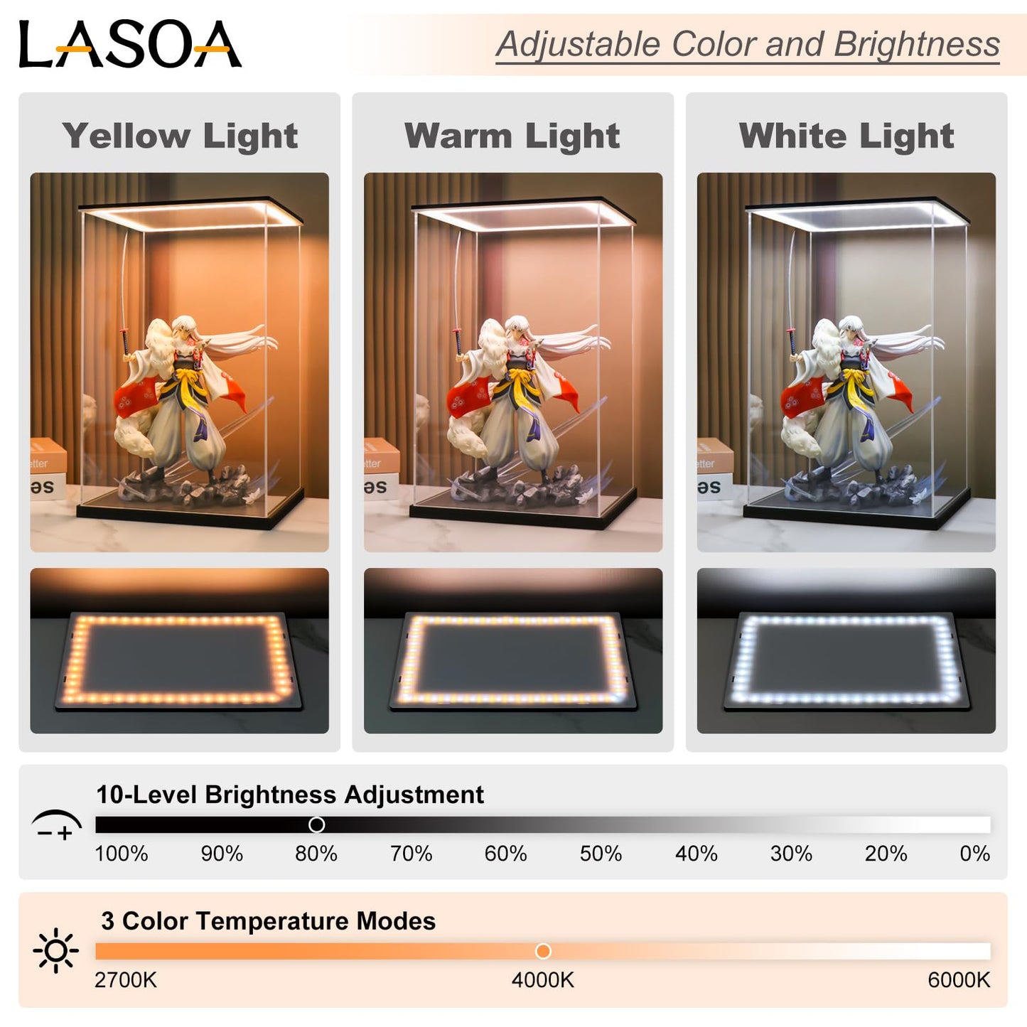 LASOA Acrylic Display Case for Collectibles with LED Light, Alternative Glass Display Box with Black Base and Lid, Self-Assembly Clear Storage Showcase for Memorabilia (9.8x9.8x11.8inch;25x25x30cm)