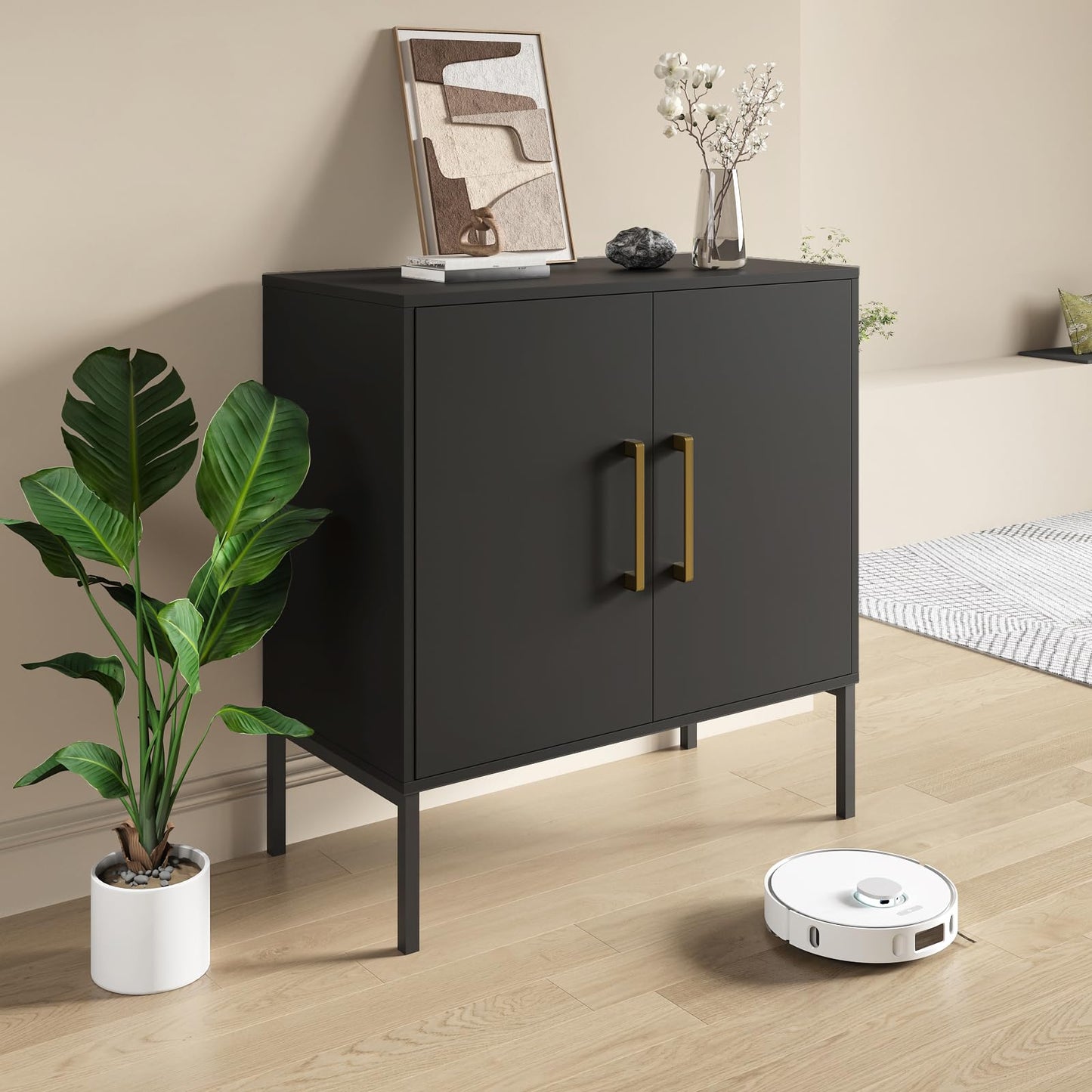 LYNSOM Storage Cabinet with Doors and Shelves, Free Standing Office Cabinet, Modern Wood Buffet Sideboard for Kitchen, Living Room, Bedroom, Hallway, Black