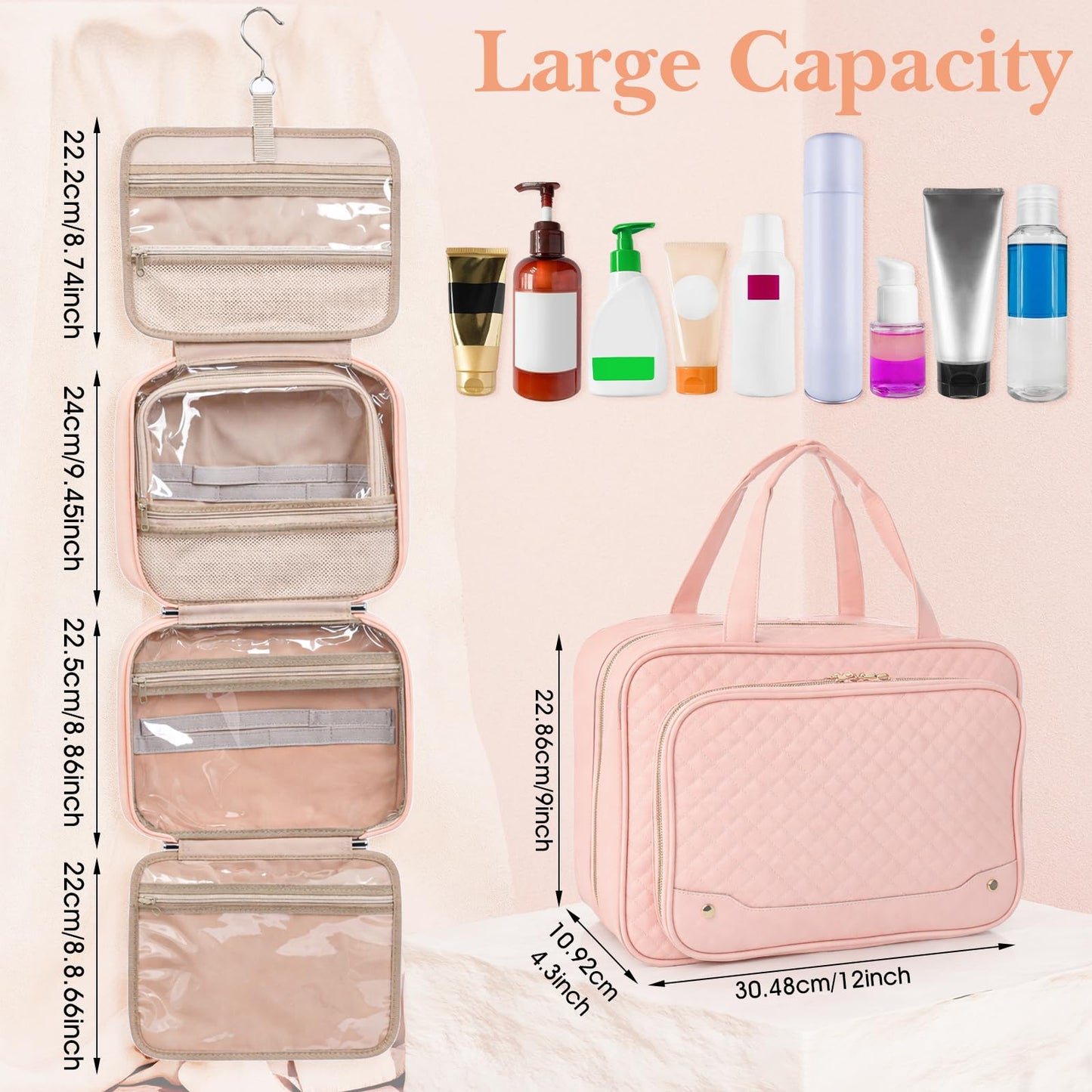 Ckhoid Travel Hanging Toiletry Bag for Women Foldable Makeup Bag with Jewelry Organizer Compartment, PVC Waterproof Cosmetic Travel Bag for Business Camping Bathroom Pink Toiletry Organizer(Pink)