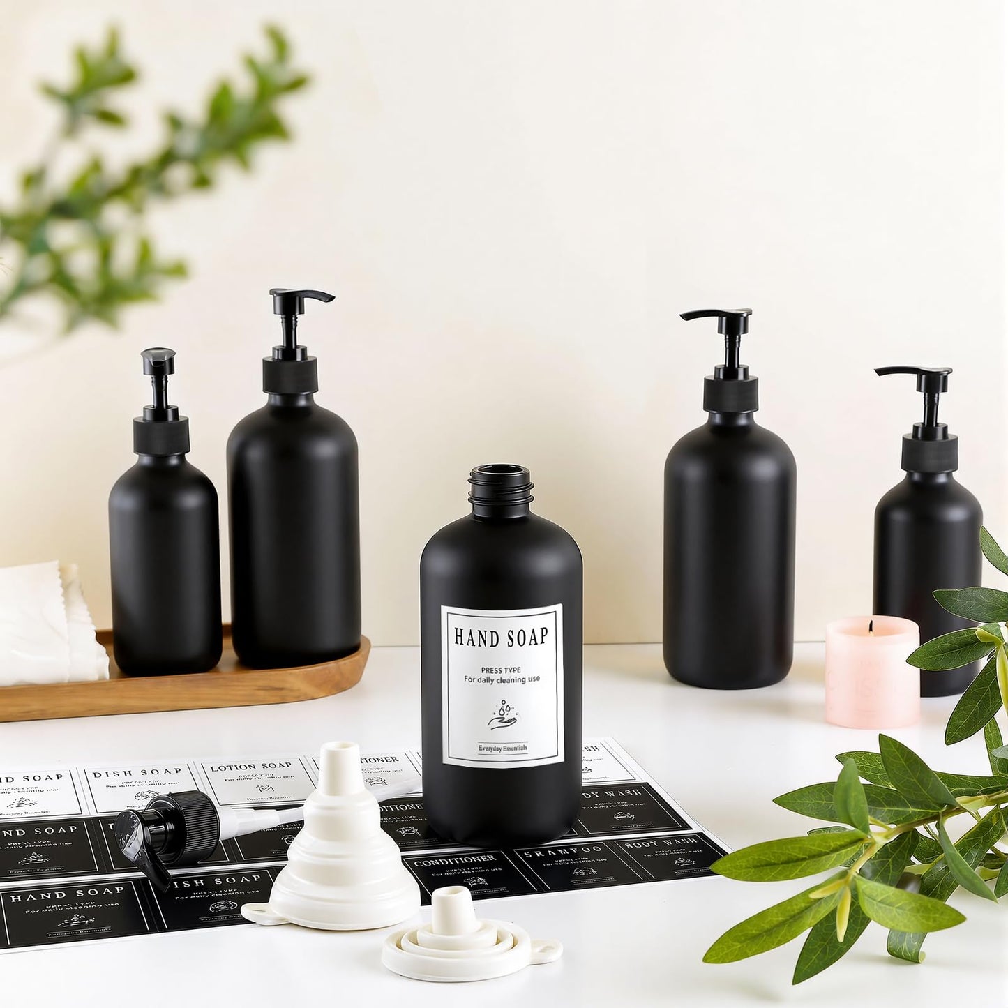TBWIND 12 Pack 16oz Black Glass Soap Dispenser Bottles with Pumps, Refillable Glass Bottles for Shampoo, Conditioner & Lotion, Ideal for Bathroom, Kitchen, Waterproof Labels & Funnels Included