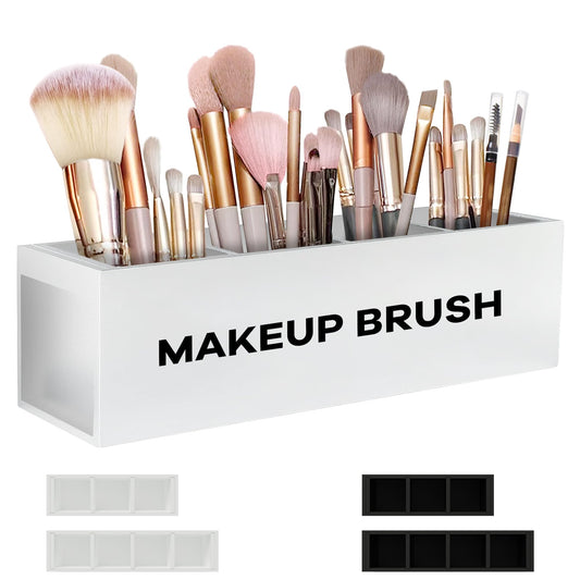 Suli Large Makeup Brush Holder Organizer, Wooden Cosmetic Brushes Storage with 4 Slots, Eyeliners Display Case for Vanity Desktop Bathroom Countertop -White