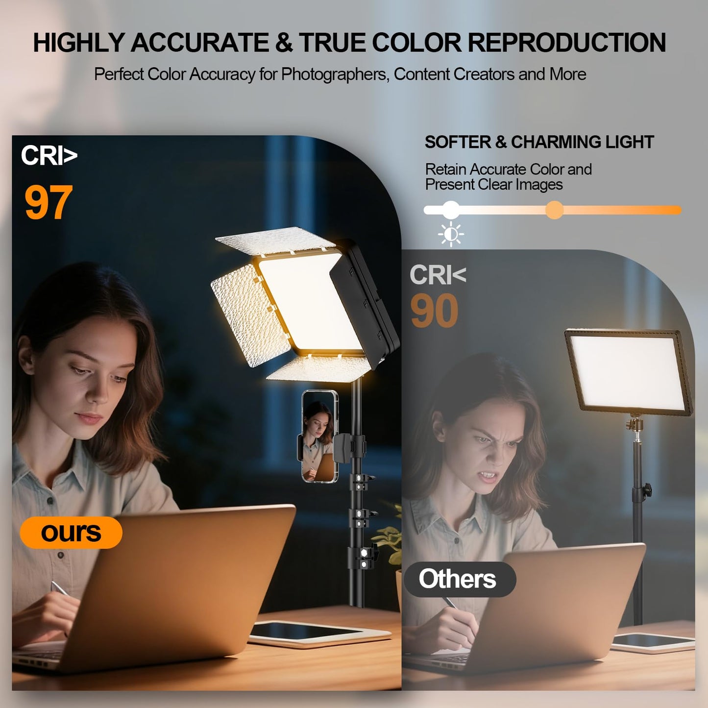 EMART LED Video Light Kit with Phone Holder & Barndoor, 2800-7000K Dimmable Studio Lights for Video Recording, 73'' Height for Live Streaming, YouTube, Vlog, Photography, Content, Podcast, 2-Pack