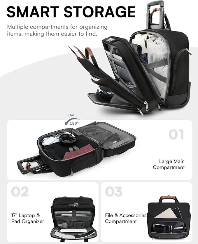 Rolling Laptop Bag, Briefcase for Men and Women, 17 Inch Computer Bag with Wheels Underseat Carry on Luggage, Laptop Briefcase Case for Work, Travel, College Teacher, Mobile Office Bag, Brown