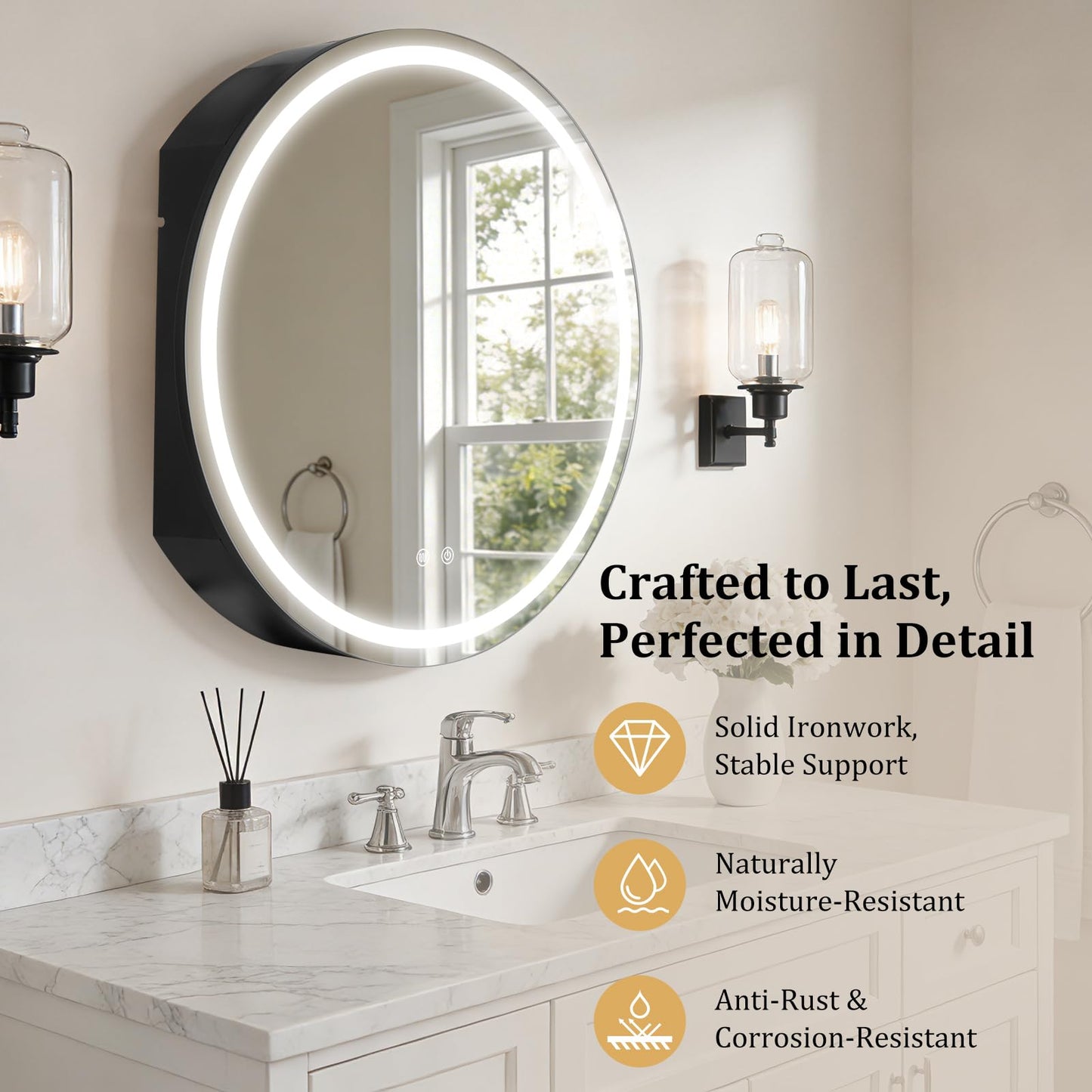 WallBeyond 28 in Round LED Medicine Cabinet with Mirror, Black Bathroom Cabinet with Storage, 3 Color Stepless Dimmable Lights, Anti-Fog, Memory Function, Hardwired, Surface Mount
