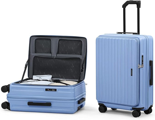 ROAMING 24 Inch Checked Luggage TOP Opening Rolling Suitcase PC hard sided luggage with Spinner Wheels Cup Holder Tsa Lock Specially Designed Ergonomic Pull Rod Handle for Travel Woman Men Blue