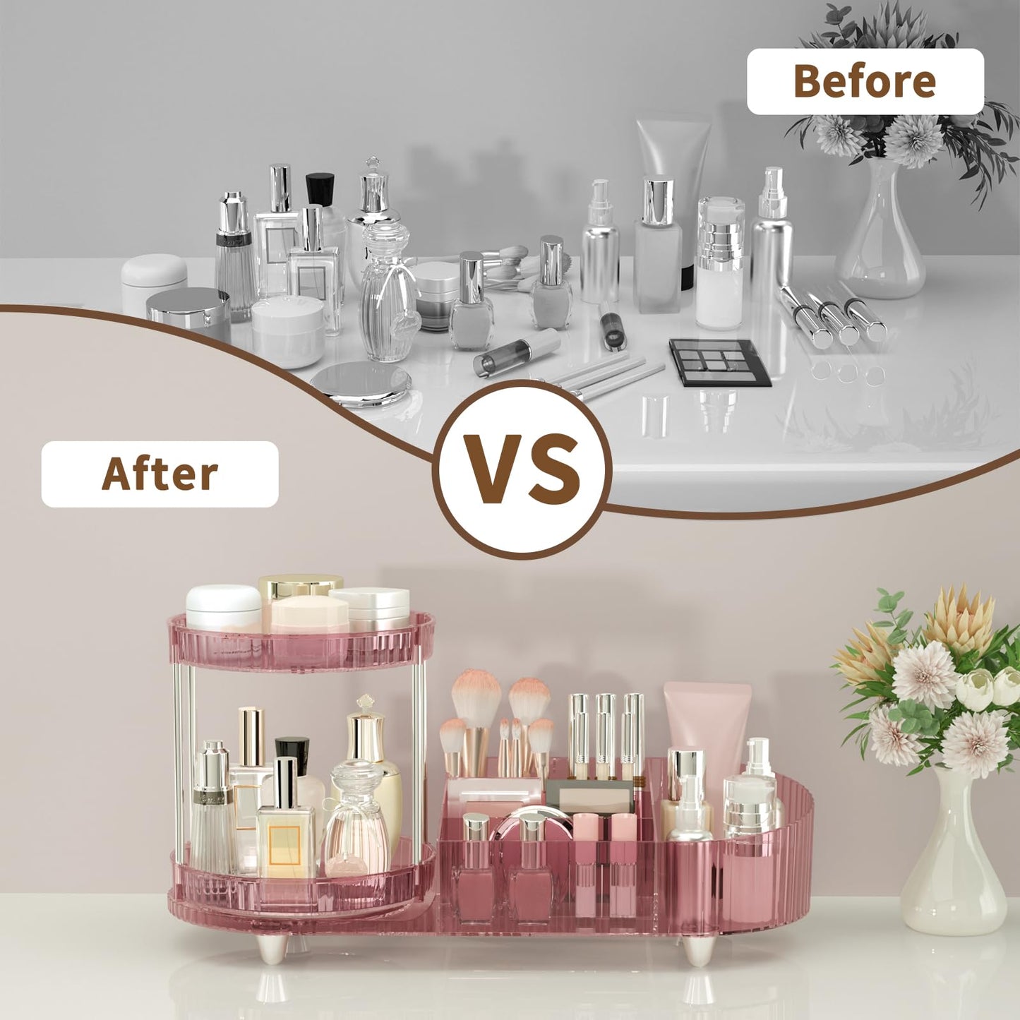 360 Rotating Makeup Organizer for Vanity, 2 Perfume Trays with 5 Compartments Cosmetic & Skincare Storage, Multi-Purpose Countertop Organizers for Bathroom, Desk, Pantry, Space-Saving Beauty Organizer