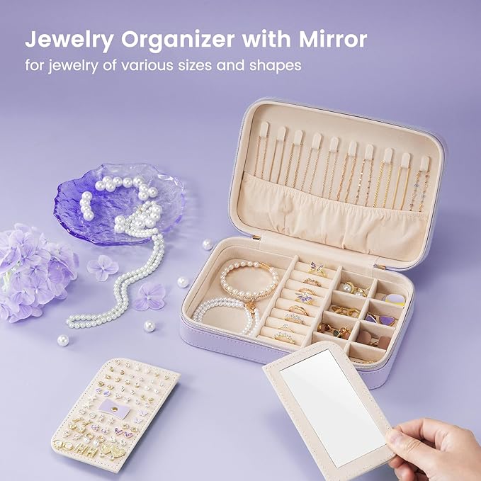 Lolalet Travel Jewelry Case for Women Girls, Travel Jewelry Organizer Box with Mirror & Clear Storage Bag, Small Portable Earring Necklace Bracelet Ring Case, Birthday Christmas Gifts -Medium, Purple