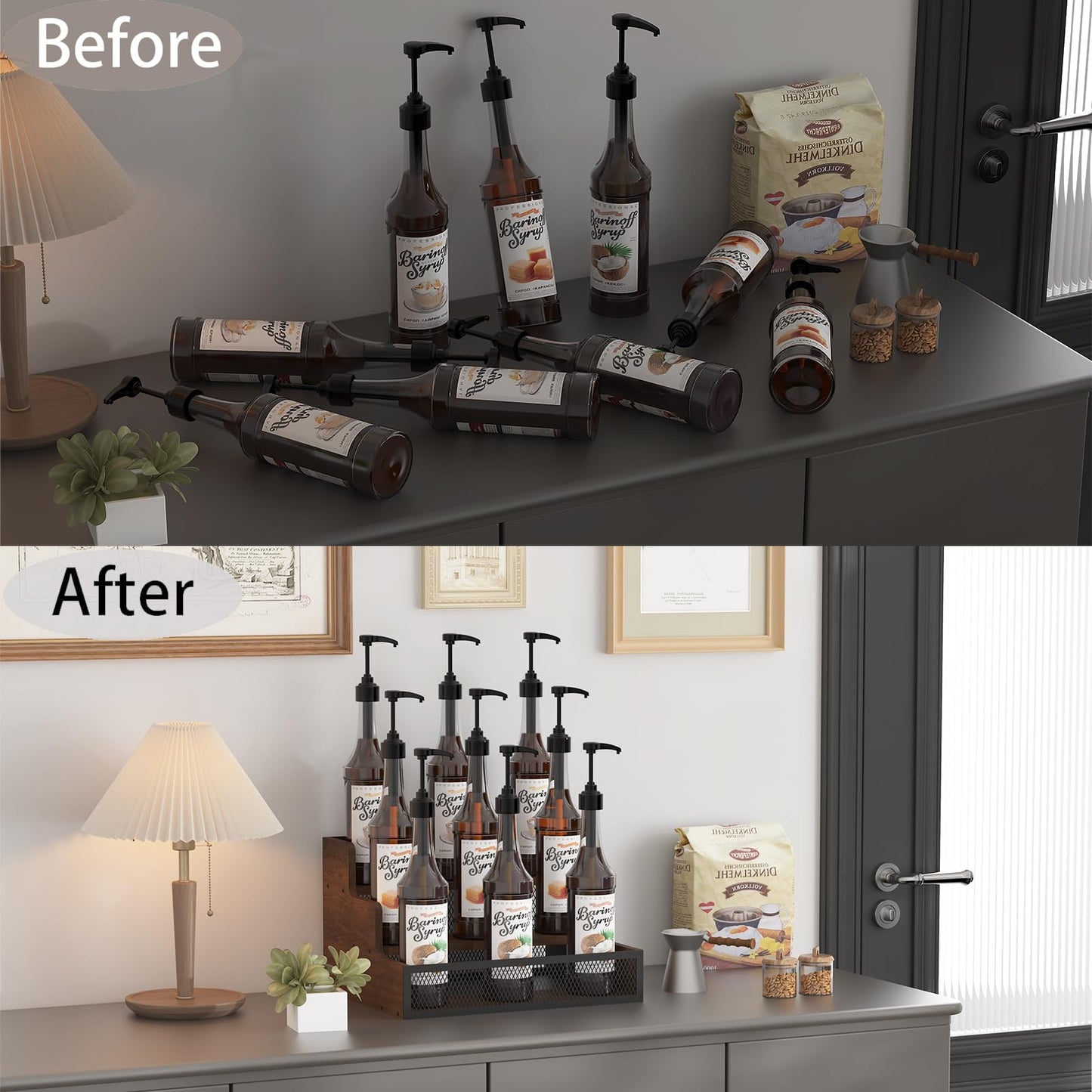 KOKSTOP 3-Tier Liquor Bottle Display Shelf, Rustic Wooden Bottle Holder Stand for Liquor Whiskey Wine Coffee Bottle Display with Fences, Storage Countertop Shelf for Café, Bar, Office Station
