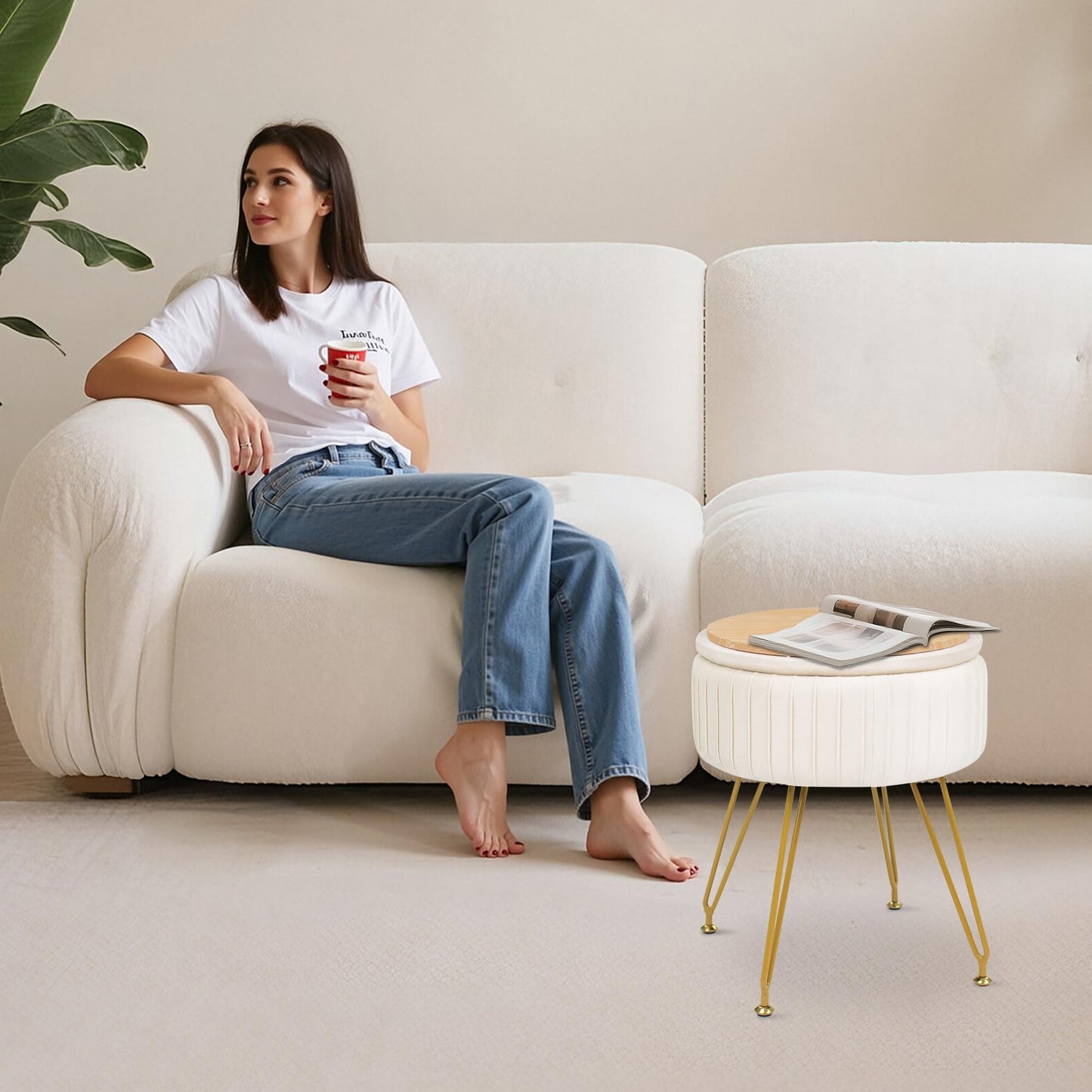 xupersodys Round Vanity Stool with Storage Ottoman,Vanity Chair for Makeup Room with Removable Cover, Small Footrest Ottoman for Home, Living Room, Bedroom (Beige)