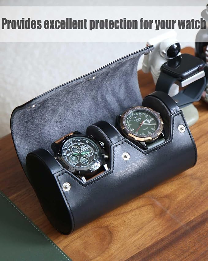 Premium Leather Travel Case, Variable Size Pillow Design, Roll Organizer for Men and Women, Black 2 Slot Portable Storage Box With Faux Suede Fabric Lining