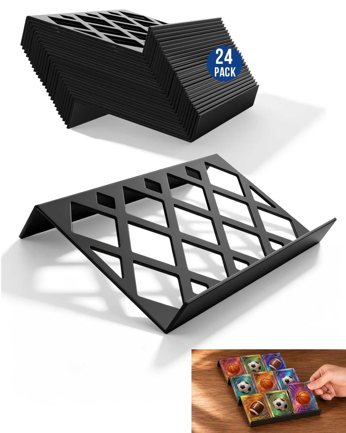 24 Pieces Trading Card Display Risers , Black Acrylic Card Show Display Stands, Modular Showcase Trays for Cardshow Vendor Showcase Sports Card and Board Games, Card Risers For Display Case, 72 Slot