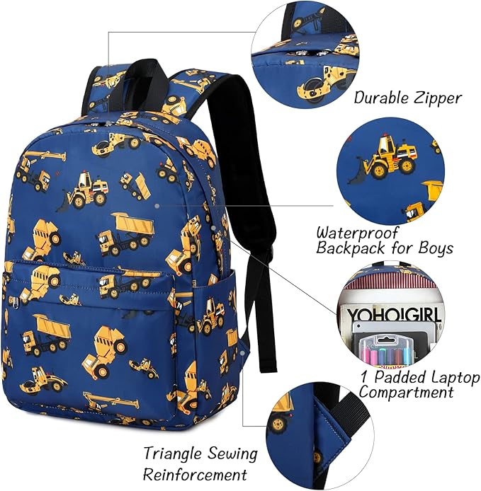 CAMTOP Backpack for Kids, Boys Preschool Backpack with Lunch Box Toddler Kindergarten School Bookbag Set (Engineering Vehicle)