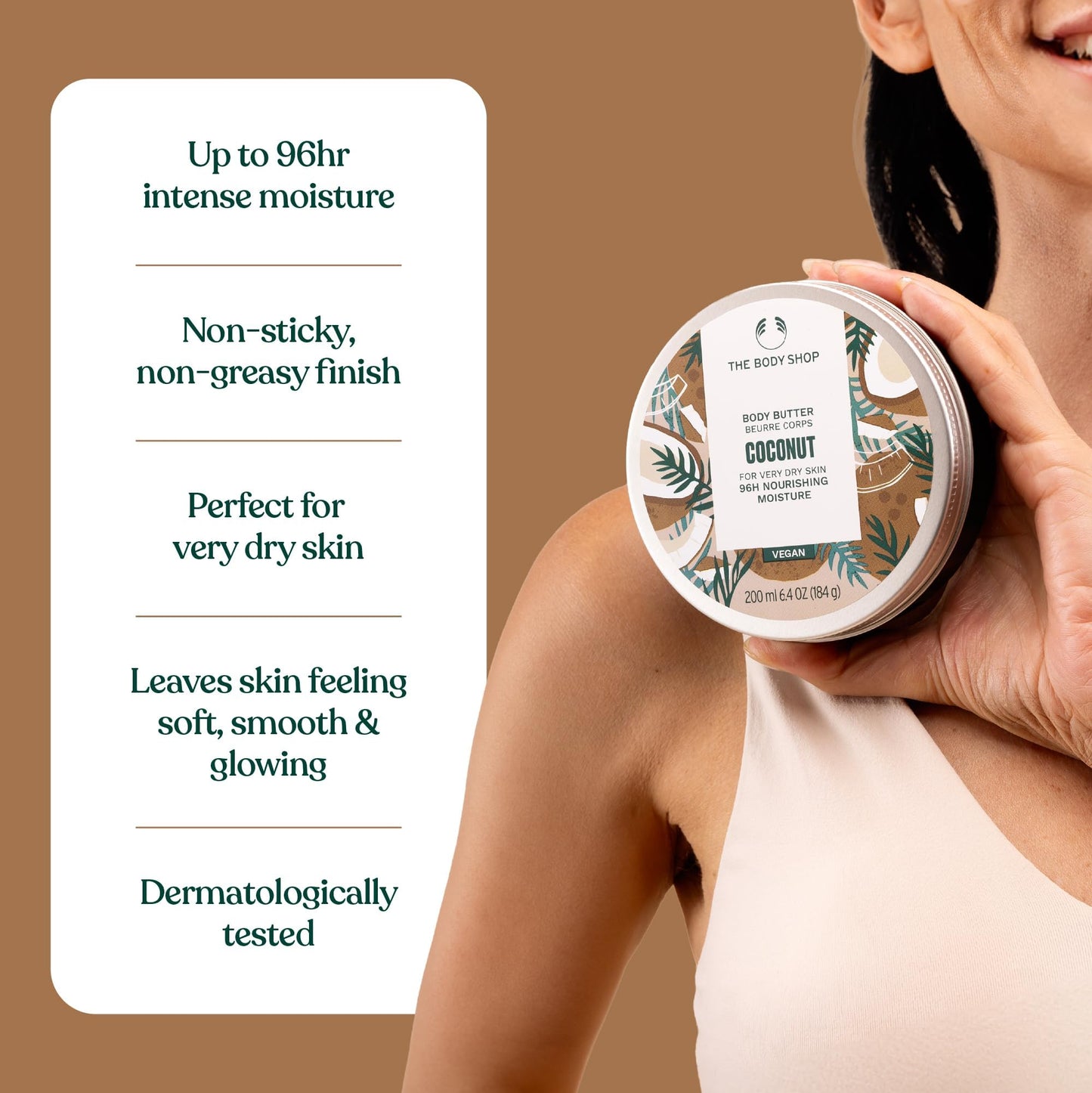 The Body Shop Body Butter | 96hr Nourishing Moisture for Dry Skin | Non-Greasy with Shea Butter for Smoother Softer Skin, Vegan, 200 ml / 6.4 oz (Coconut)