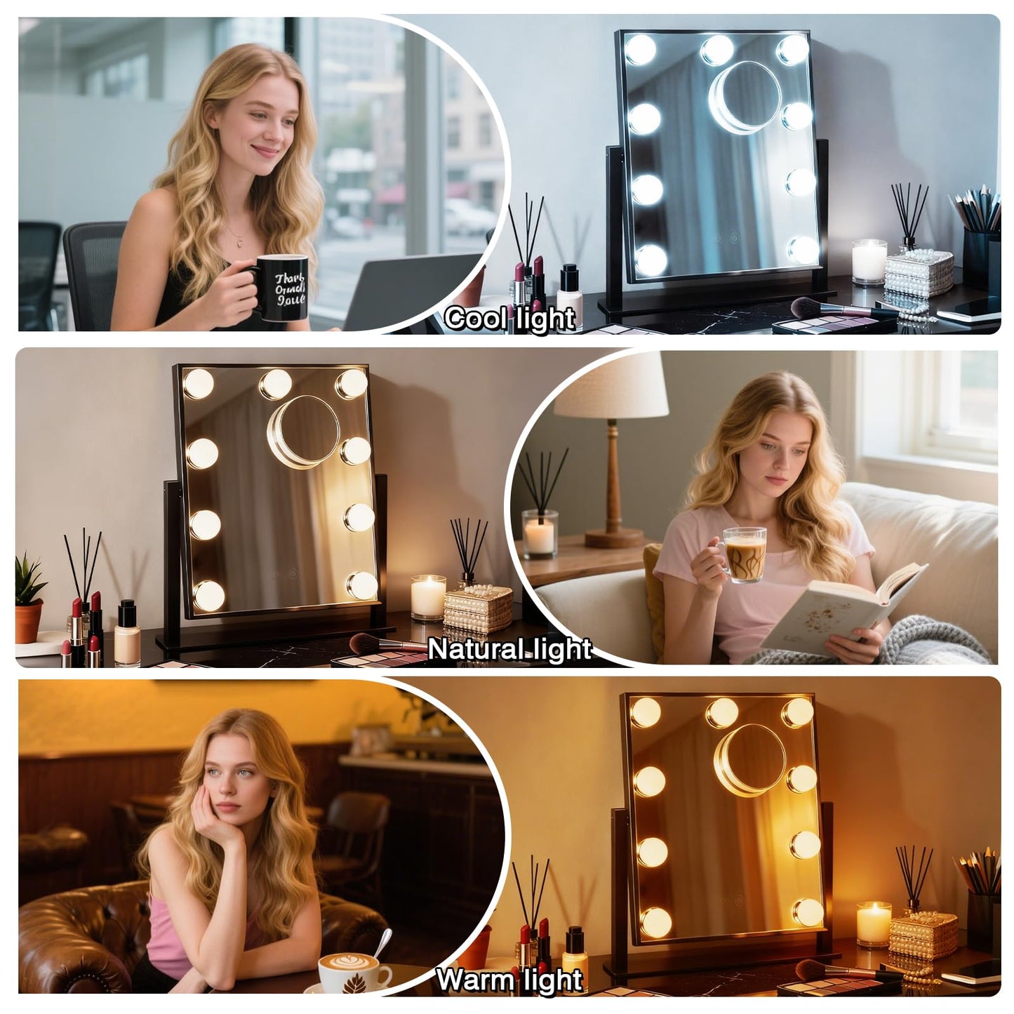 Vanity Mirror with Lights, Lighted Vanity Mirror with 9 Dimmable Bulbs for Dressing Room & Bedroom, 3 Color Lighting Modes, Detachable 10x Magnification 360°Ratation (Black)
