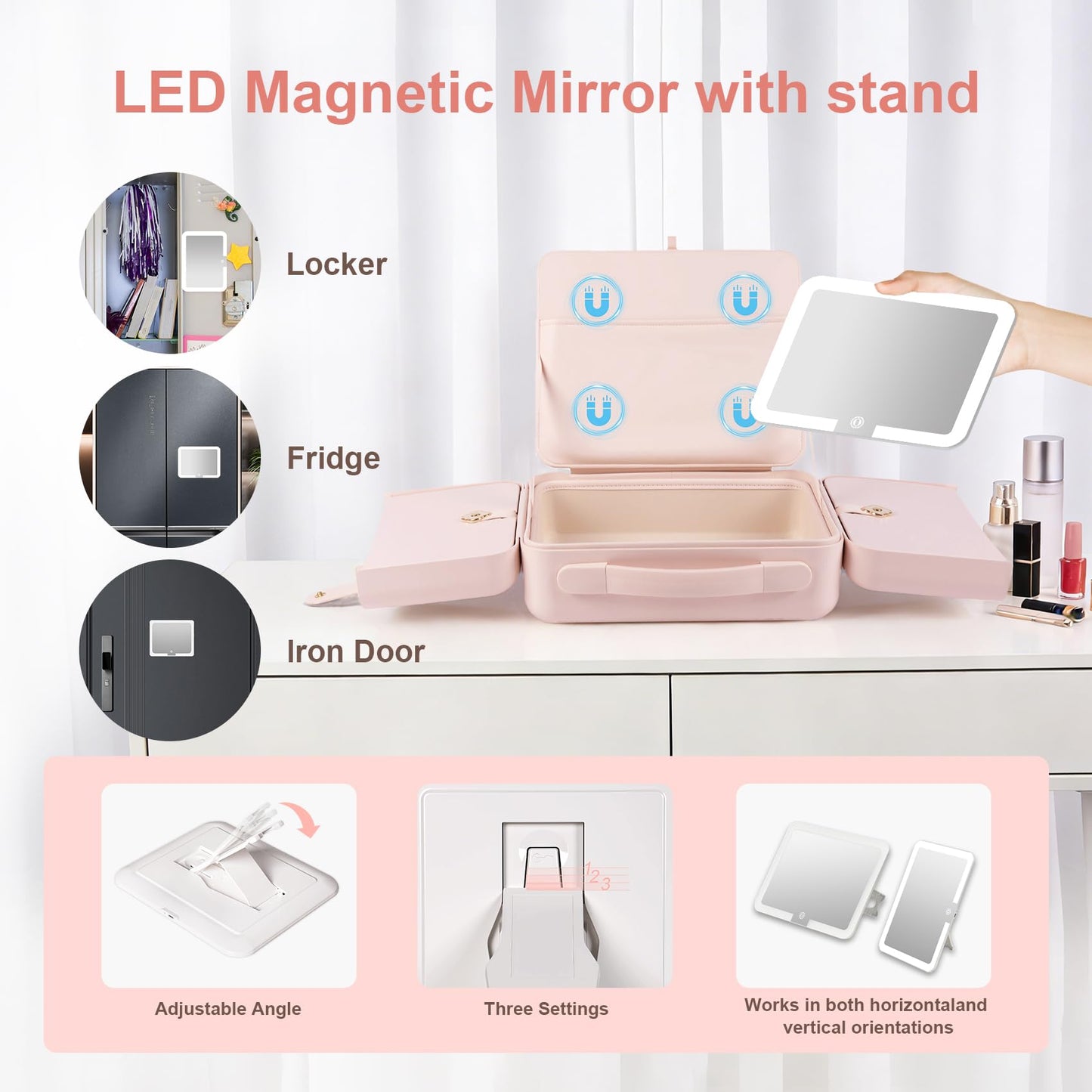 BEAUTY CASE Makeup Case with LED Light & Magnetic Mirror, 12 Inch Portable Travel Cosmetic Organizer Bag with 3 Partitions, Rechargeable, Large Capacity, Bright Lighting, Gift for Women Girls, Pink