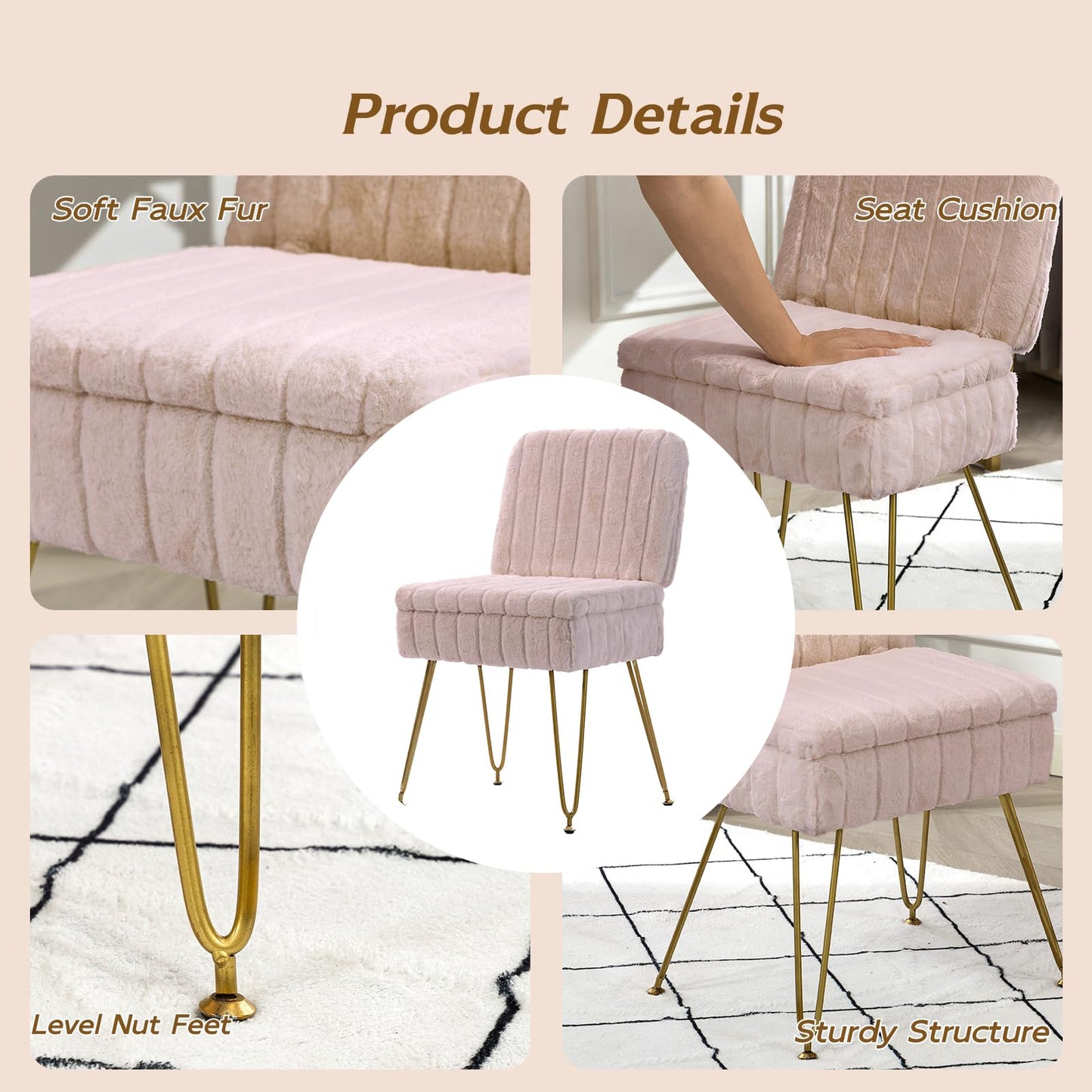 Manyday Vanity Chair with Storage, Comfy Ottoman with Folding Back, Faux Fur Vanity Stool with 4 Metal Legs for Make Up, Furry Padded Seat with Anti-Slip Feet for Bedroom Dressing Room