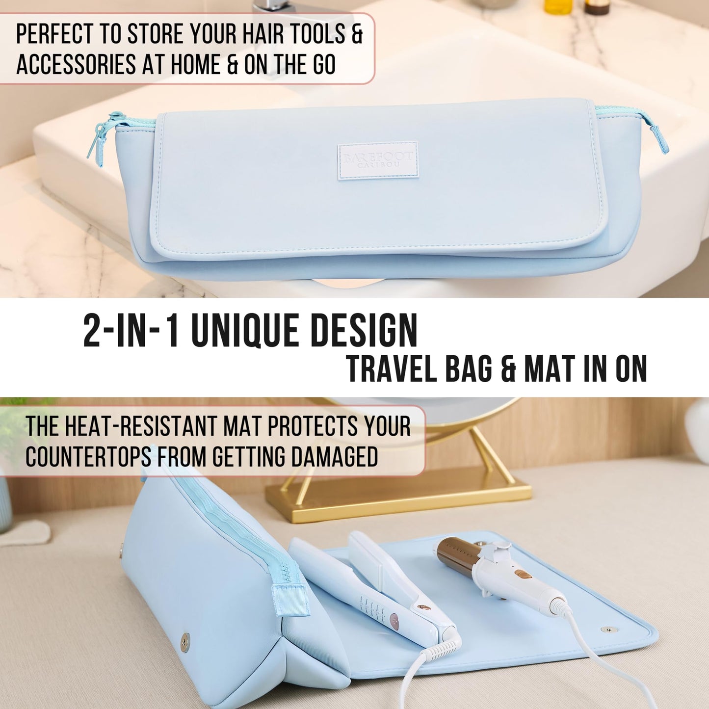 BAREFOOT CARIBOU Hair Tools Travel Bag and Heat Resistant Mat (15.5") for Flat Irons, Straighteners, Curling Iron, and Haircare Accessories, 2-in-1 design, with Interior Pockets, Organizer (Baby Blue)