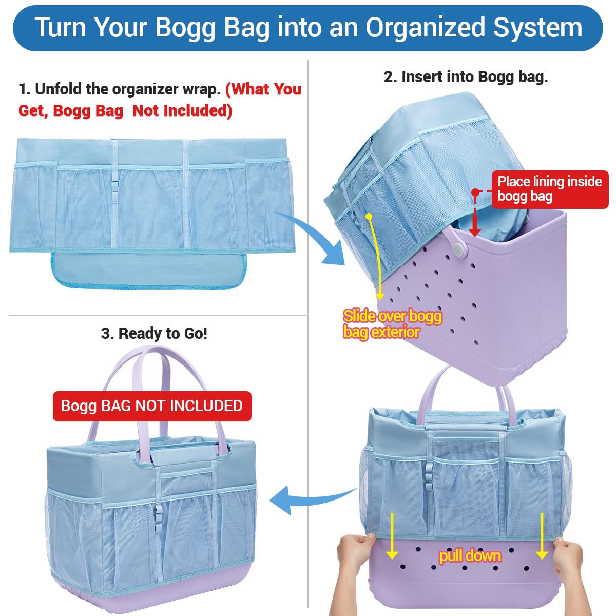 Nyton Organizer Bag Compatible with Original Large Bogg Bag Cover Divider Insert Beach Bag Liner for XL Bogg Bag Storage Separator Compartment with Mesh Pocket Sport Mom