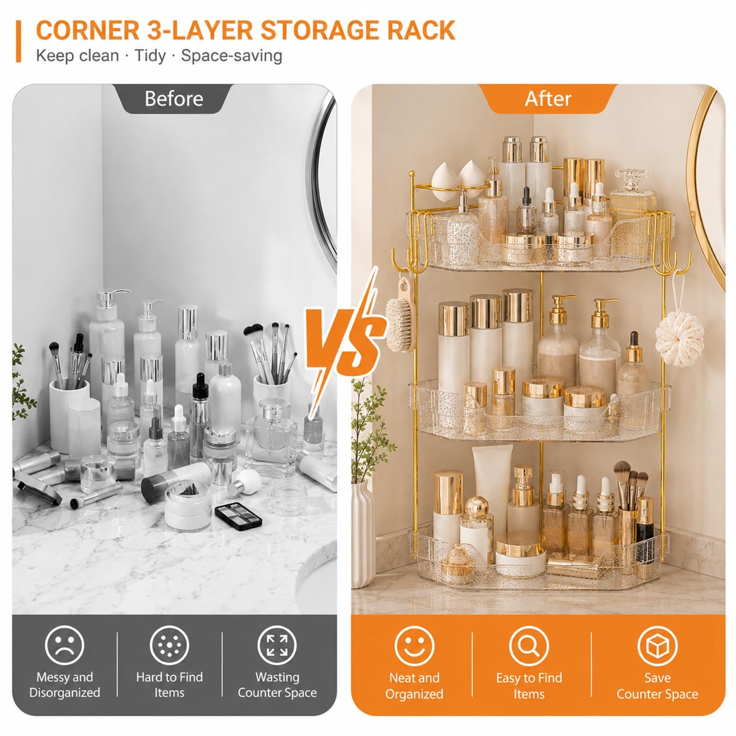 DSLWFQY Corner Bathroom Counter Organizer, 3-Tier Makeup Organizer with Brush Holder, Clear Silver Vanity Storage for Skincare, Cosmetics, Perfume & Dresser Countertop