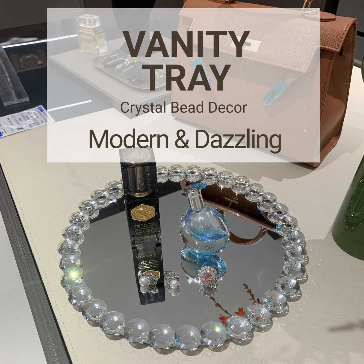 joyshiny 12-Inch Crystal Bead Mirror Tray – Vanity Organizer, Perfume & Jewelry Display, Decorative Tray for Bathroom, Dresser, Coffee Table, Living Room, Office & Hotel Banquet（Silver）