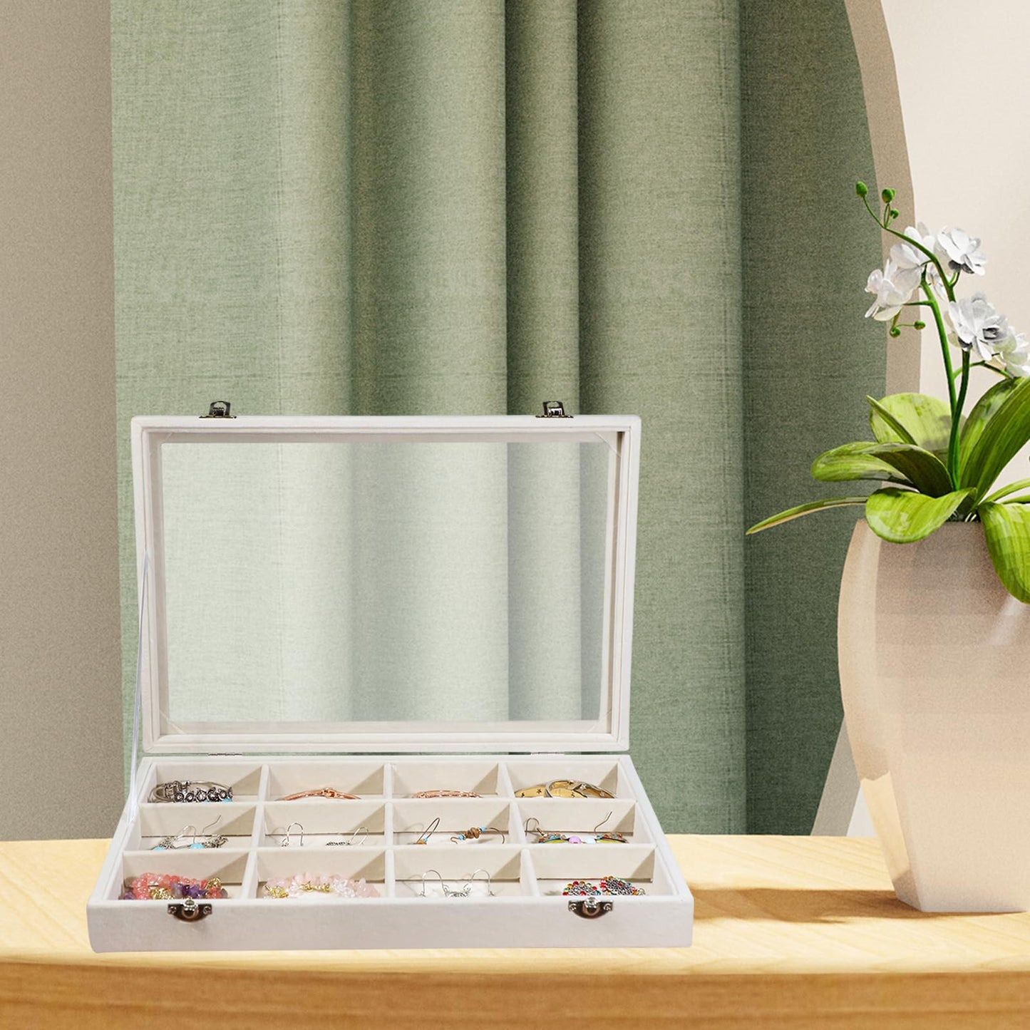 Stratalife Jewelry Organizer Bracelet Organizer Storage Box 12 Grid Stackable Jewelry Tray with Lid Velvet Jewelry Box for Drawer Necklace Bracelet Display Storage Organizer Box (Beige)